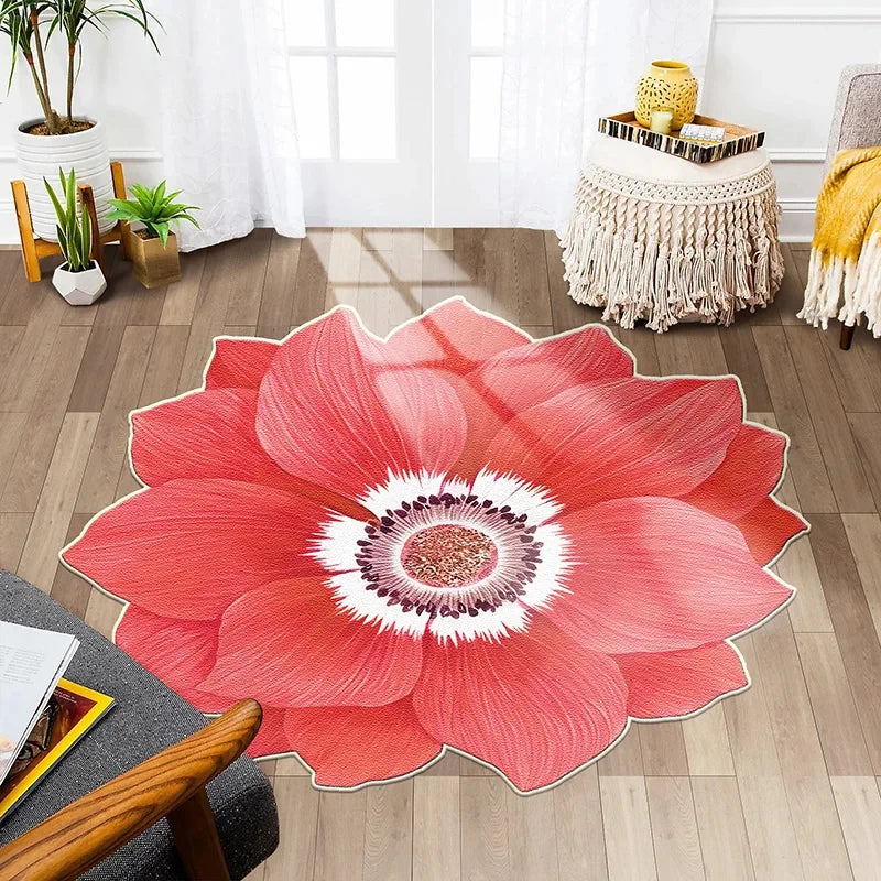 Flower Shape Carpet Soft Round Kitchen Floor Mat Peony Art Rug Living Room Bedroom Bedside Carpet Anti-slip Hallway Door Mat