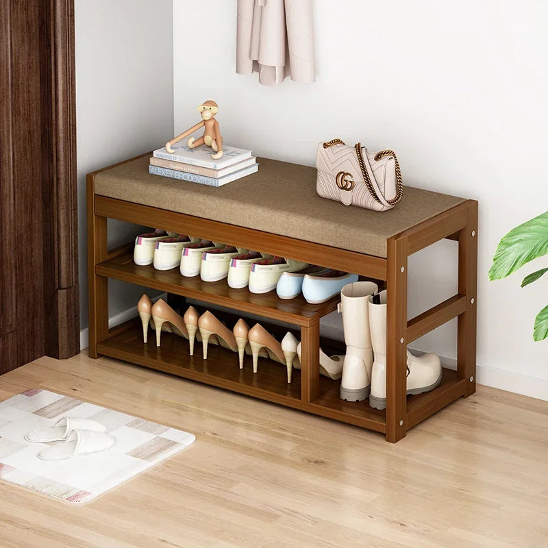 Special Multifunctional Shoe Organizer Bamboo Shoe Cabinets Linen Upholstered Storage Multi-layer Partition Hallway Bench