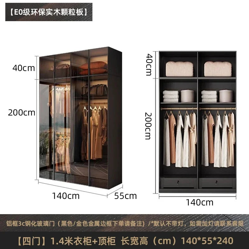 Solid wood wardrobe, bedroom home glass door L-shaped modern light luxury corner cloakroom storage cabinet combination wardrobe