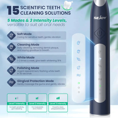 Sejoy Sonic Electric Toothbrush For Adults Tooth Cleaner with 10 Brush Heads Travel Case Built in Smart Timer Sonic Toothbrush