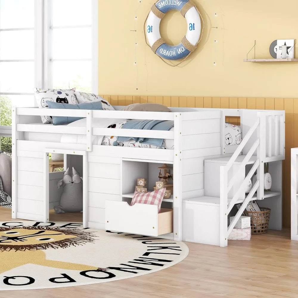 Twin Size Low Loft Bed with Storage,Wood Kids Loft Bed with Stairs,Loft Bed Twin with Shelf and Drawer Underneath,White