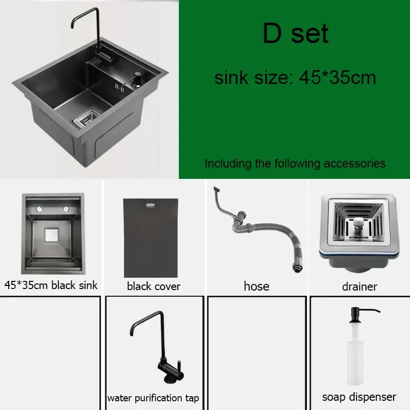 Black Hidden Kitchen Sink Bowl Bar Stainless Steel Balcony Sink Concealed Black Kitchen Sink Bar  with Clean Water Tap