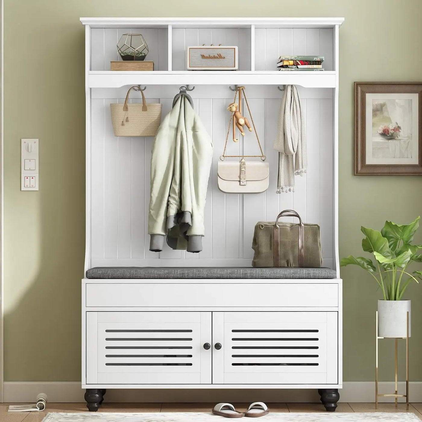 Coat Rack with Storage Bench, Shoe Cabinet with Cube Storage & Shelves, Hall Tree with 8 Hooks for Entryways, Clothes Racks