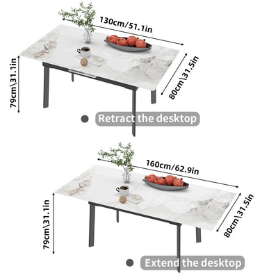 Kitchen Extendable Dining Table Stretchable 130-160cm High Gloss Marble Steel Legs Leaf Table for 4-8 People