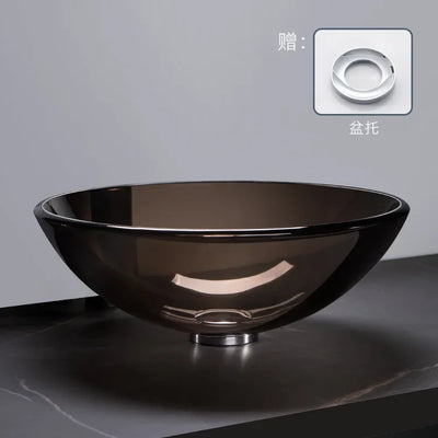 42cm Round Tempered Glass Sink Blue Bathroom Washbasin Hotel Balcony Countertop Art Basin Transparent Bowl Basin With Drain Sets