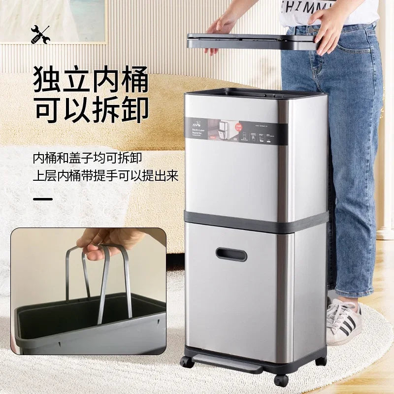 Stainless steel double-layer garbage bin, household alloy, high-end kitchen classification, foot pedal, no bending toilet bucket