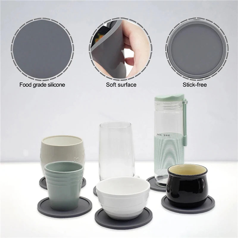 6PCS/Set Silicone Drinking Coasters Drink Coffee Cup Round Cup Mat With Holder Stand Jar Gripper Pads Tableware Accessories