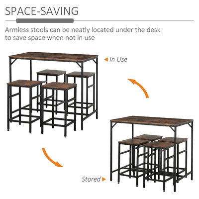 5-Piece Industrial Dining Table Set, Bar Table & 4 Stools Set, Space Saving for Pub & Kitchen, Black/Brown