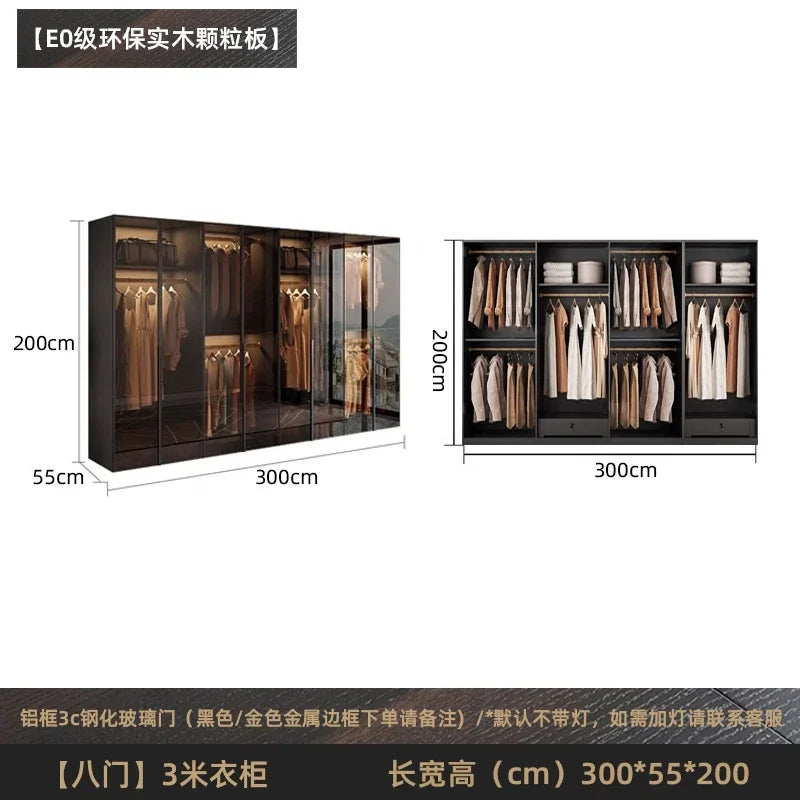 Solid wood wardrobe, bedroom home glass door L-shaped modern light luxury corner cloakroom storage cabinet combination wardrobe