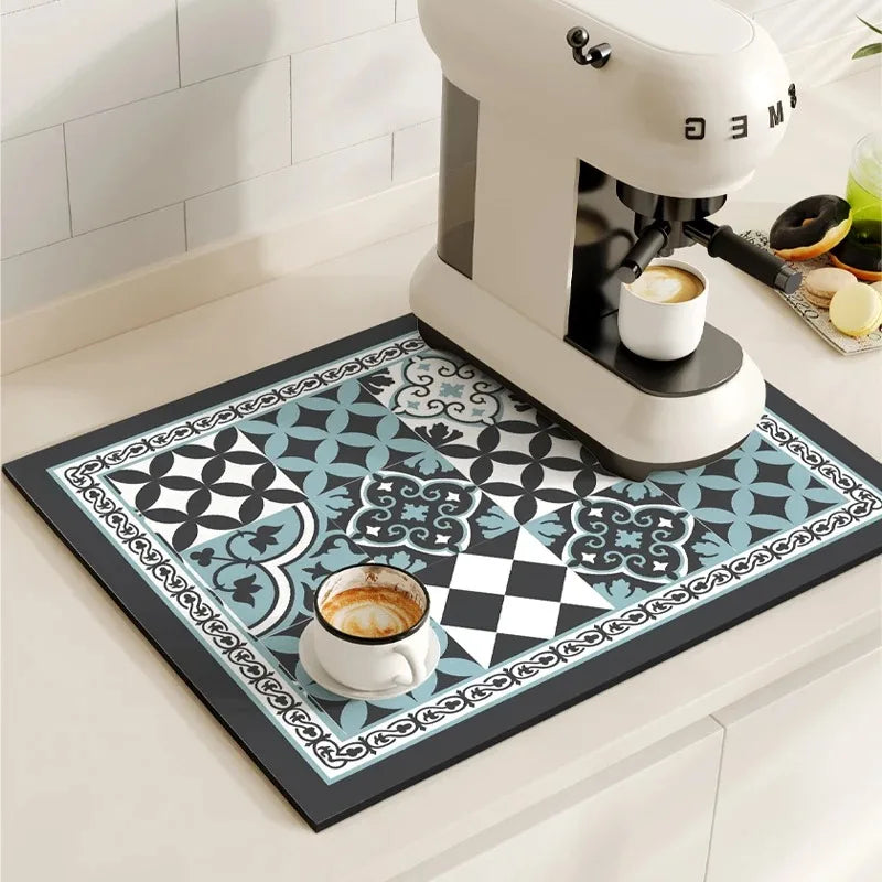 Coffee Maker Mat Retro Dish Drying Mats for Kitchen Non-slip Draining Pad Quick Dry Tableware Placemat Dinnerware Washable