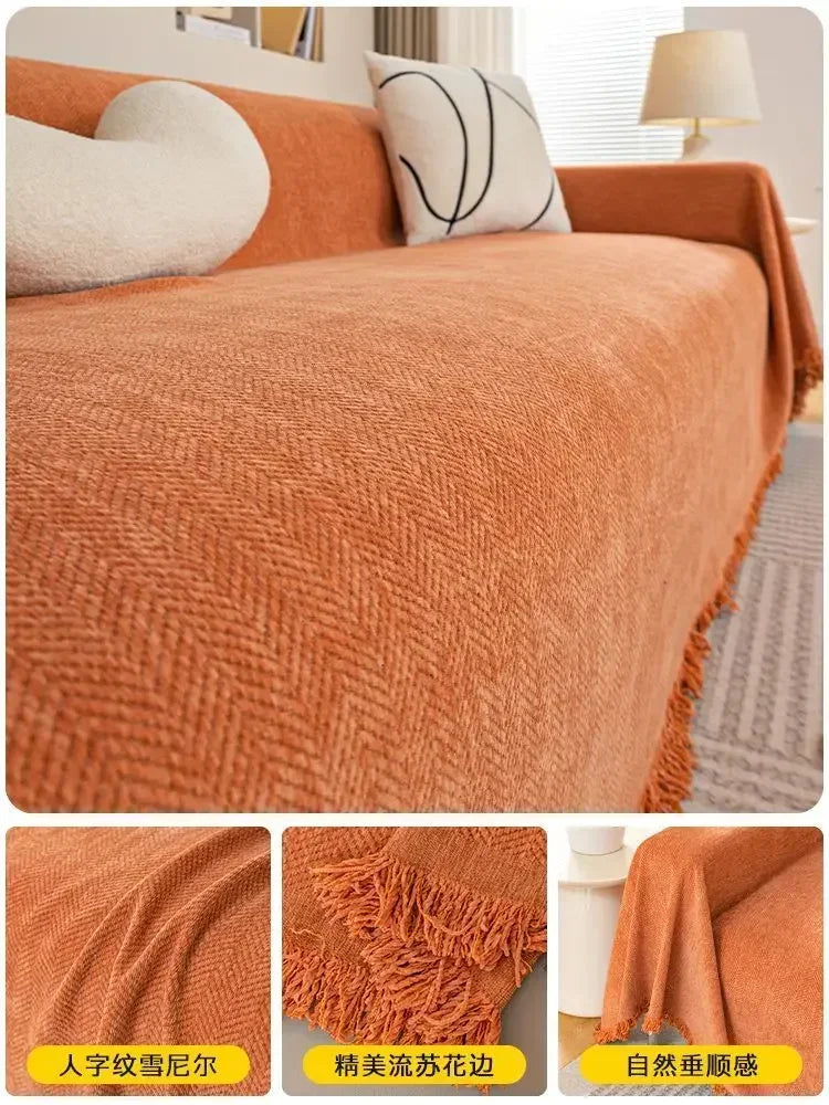 1PC Cream Wind Solid Color Sand Hair Towel Full Cover Cloth Sofa Cushion Cover Nordic Sofa Blanket Four Seasons Universal