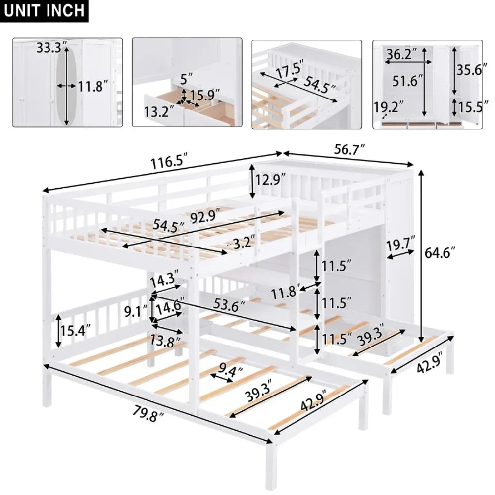 Bunk Bed,Full-Over-Twin-Twin Bunk Bed,Multifunctional bed with Shelves,Wardrobe and Mirror,Kids bedroom,No box spring required