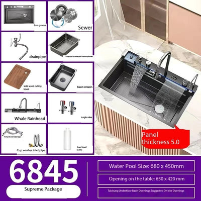 5.0MM Double Waterfall Sink Embossed Stainless Steel Kitchen Sink Large Single Slot Digital Display Wash Basin Dishwashing pond