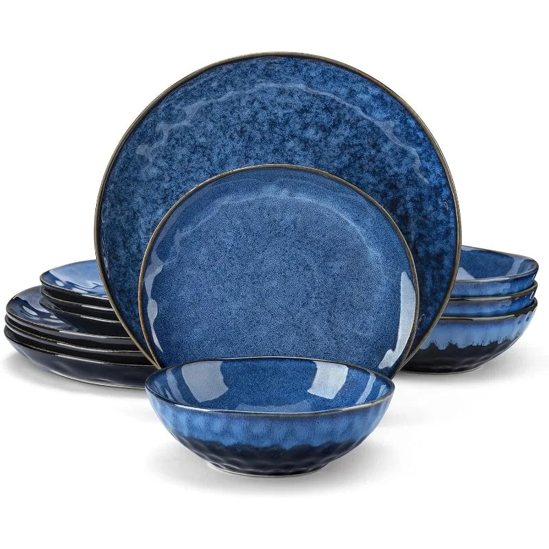 vancasso 16 Pieces Blue Dinnerware Set, Reactive Glaze Dish Set, Plates and Bowls Set