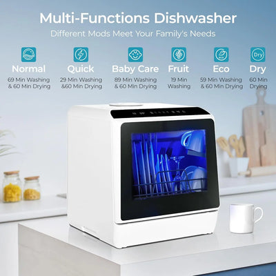 Mini Portable Dishwasher Countertop Compact Dishwashers, Tabletop Small Dishwasher with 5L Built-in Water Tank with 6 Modes and