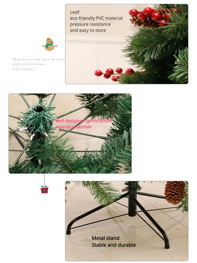 Christmas Supplies 120-240cm PVC Christmas Tree with Foldable Metal Base and Mixed Pinecones Red Fruit for Christmas Decoration