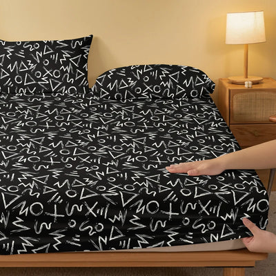 1 black background matte bed sheet with random patterns, bedroom printed bed cover, bedding (excluding pillowcases)