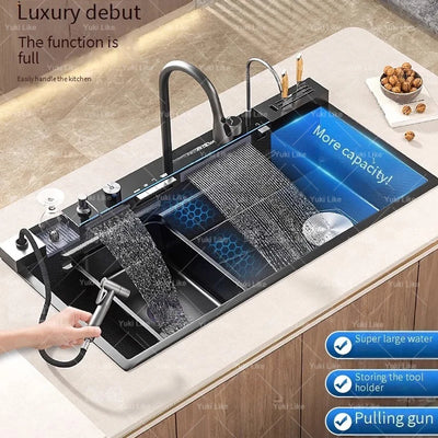 100x50cm Stainless Steel Waterfall Kitchen Sink With Knife Holder Digital Display Faucet Set Embossed Extra Large Single Slot