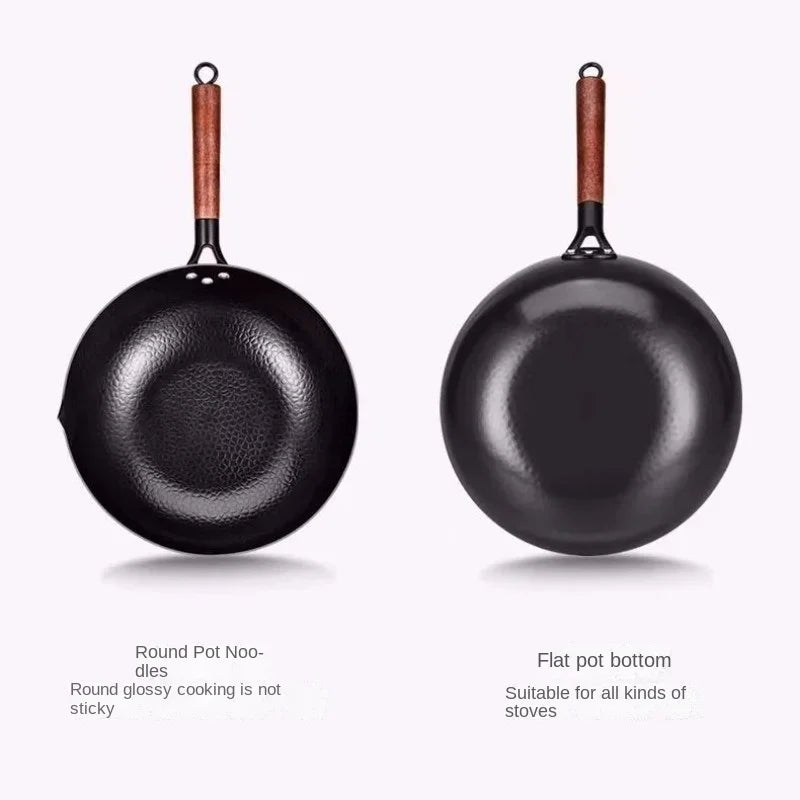 Carbon Steel Wok Pan 32cm Stir-Fry Pans with Wooden Lid Uncoated Flat Bottom Chinese Pan for Induction Electric Gas All Stoves