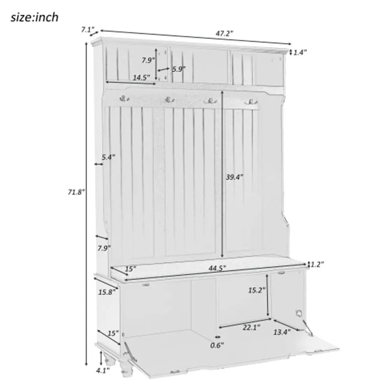 4-in-1 Entryway Bench with Coat Rack, Cushion and 4 Sturdy Hooks, 47.2'' Wide Hall Tree with Storage Bench for Hallway,White