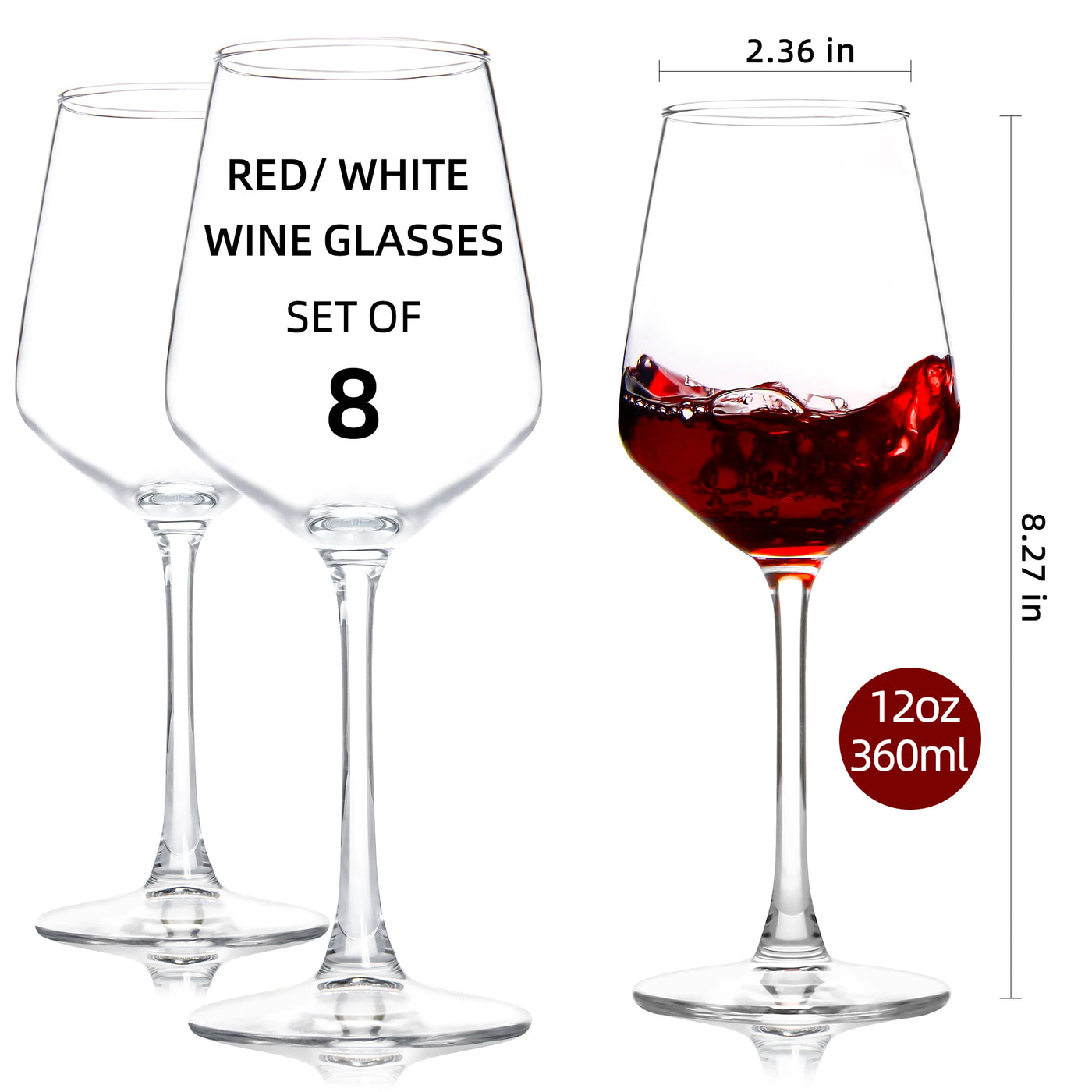 12pcs, 12Oz Red/White Wine Glasses Set, Durable Long Stemmed Crystal Clear Glasses, Lead-Free Goblet, Perfect for Home Wedding