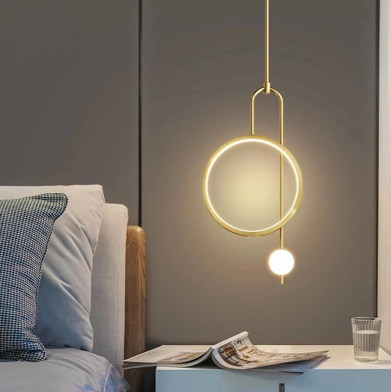 Gold Ring Pendant Light Modern Glass Ball Led Hanging Lamp Bedroom Bedside Minimalist Living Room Home Decor Ceiling Chandelier