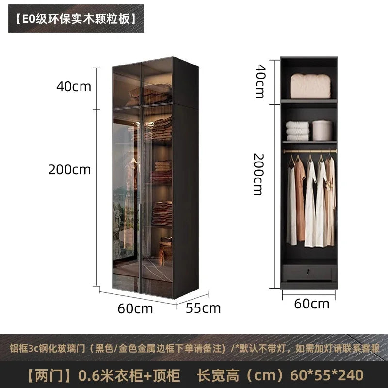 Solid wood wardrobe, bedroom home glass door L-shaped modern light luxury corner cloakroom storage cabinet combination wardrobe