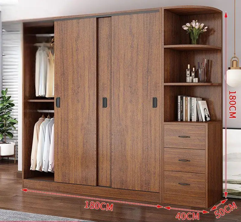 Household Bedroom Modern Simple Nordic Rental Room Simple Assembly Solid Wood Sliding Door  Large Wardrobe