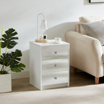 3 Drawer Nightstand for Bedroom, Modern Wood and Mirrored Nightstand, Square Bedside Glass End Table with Storage