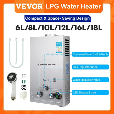 VEVOR LPG Water Heater 6L 8L 10L 12L 16L 18L LPG Liquefied Petroleum Gas Propane Butane Water Heater Stainless Steel Boiler Kit