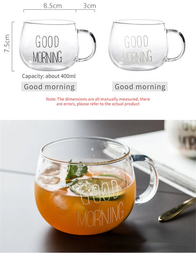 360ml Breakfast Coffee Cup Tea Mug Transparent Glass Cup Drinks Dessert Milk Cup Glass Mugs Letter Printed Handle Drinkware