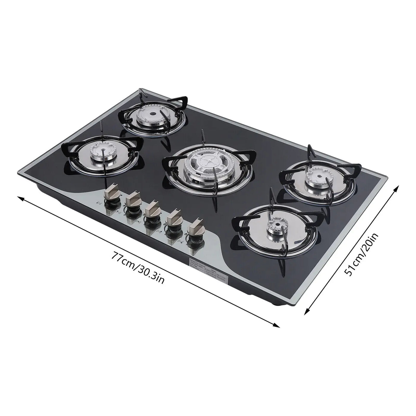 5 Burner Gas Cooker Stove NG/LPG Built-in Gas Hob, Black Glass Cooker 90x51cm Cooking Hob with Battery Automatic Pulse Ignition