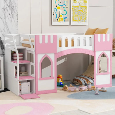 Twin Size Loft Bed with Storage Staircase and Window, Wood Playhouse Bed Frame with Storage for Boys, Girls, Gray,Pink