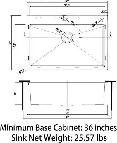 33"" X 22"" X 9"" Drop In Single Bowl Kitchen Sink With 18 Gauge 304 Stainless Steel Black Finish Ht3322S-9-B (Sink Only)