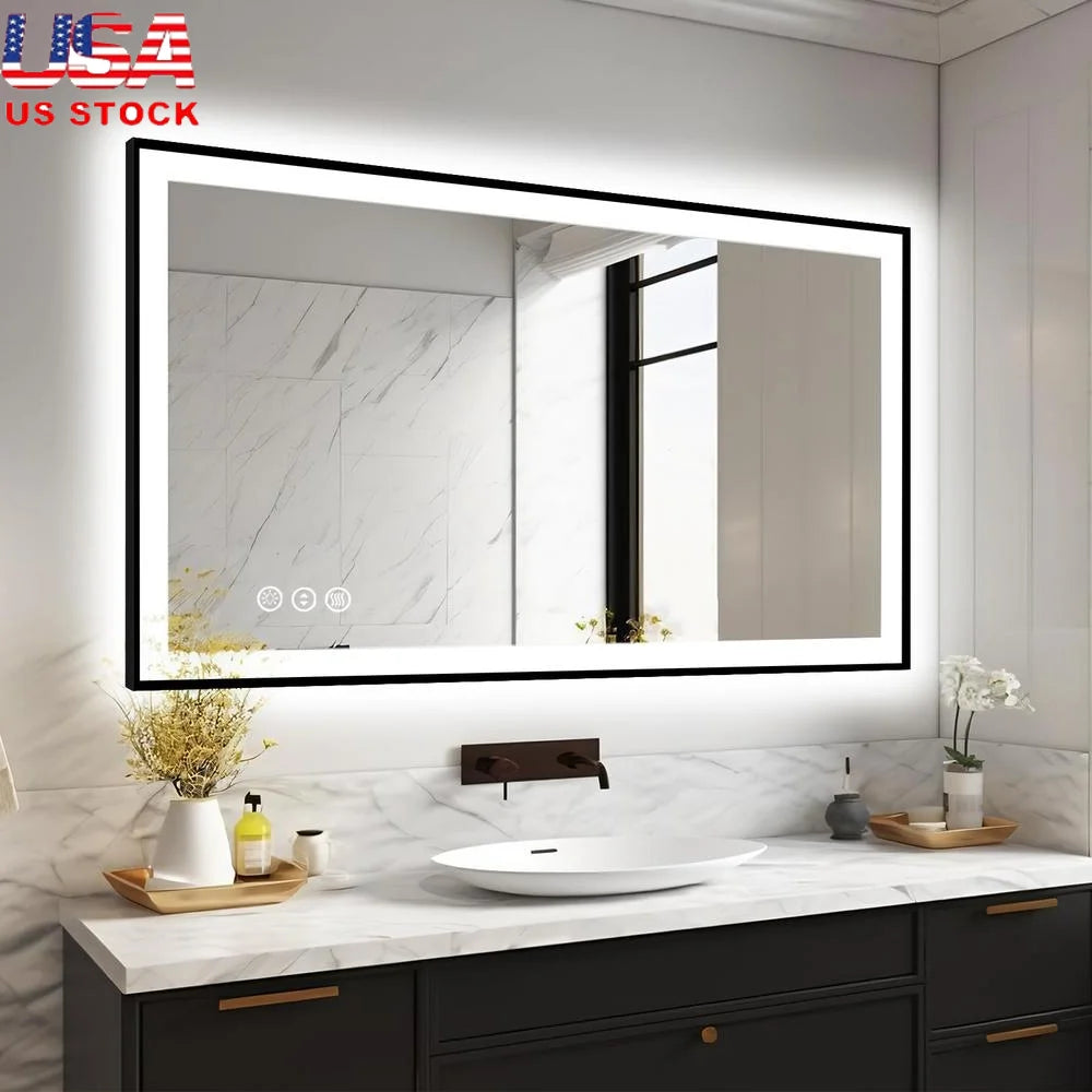 LED Bathroom Vanity Mirror Black Aluminum Frame Front & Backlit Anti-Fog Lights Stepless Dimmable Shatter-Proof Touch Memory