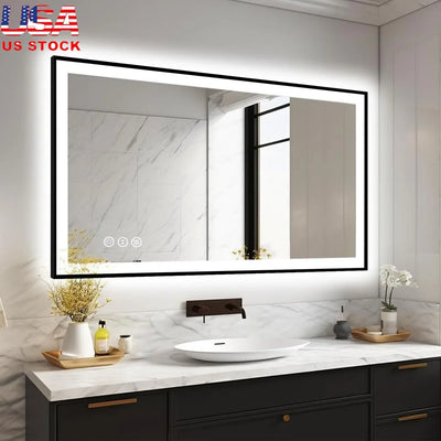 LED Bathroom Vanity Mirror Black Aluminum Frame Front & Backlit Anti-Fog Lights Stepless Dimmable Shatter-Proof Touch Memory