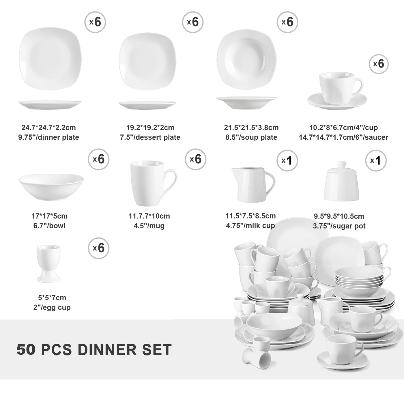 MALACASA Series Elisa 50-Piece Tableware Dinner Set with 6 Cups,Saucers,Mug,Egg Cups,Bowls,Dessert Soup Dinner Plates Service