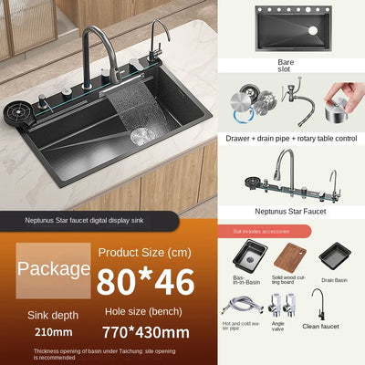 304 Stainless Steel Kitchen Waterfall Sink Digital Display Large Single Sink Dish Basin Sink With Multifunction Touch Waterfall