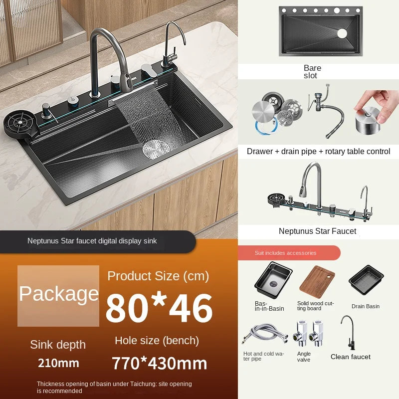 304 Stainless Steel Kitchen Waterfall Sink Digital Display Large Single Sink Dish Basin Sink With Multifunction Touch Waterfall