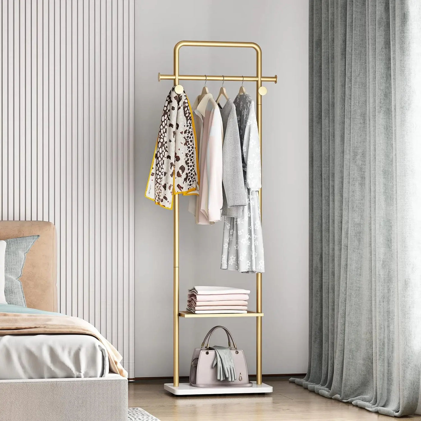 Tieou Gold Clothes Rack With Shelf, Gold Clothing Racks For Boutiques, Free-Standing Garment Rack For Hanging Clothes,Gold Coat