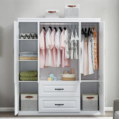 Wardrobe Closet, Bedroom Armoires Cabinet Wooden with Hanging Rod Inside Cabinet and Drawers