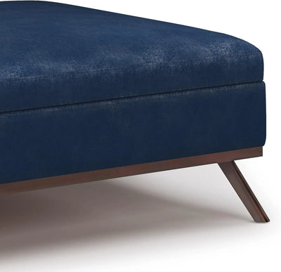 SIMPLIHOME Owen 36 Inch Wide Mid Century Modern Square Coffee Table Lift Top Storage Ottoman Upholstered Distressed Dark Blue