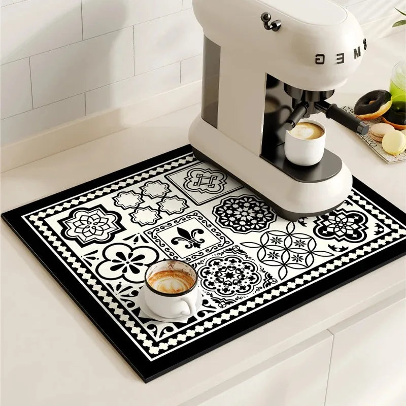 Coffee Maker Mat Retro Dish Drying Mats for Kitchen Non-slip Draining Pad Quick Dry Tableware Placemat Dinnerware Washable