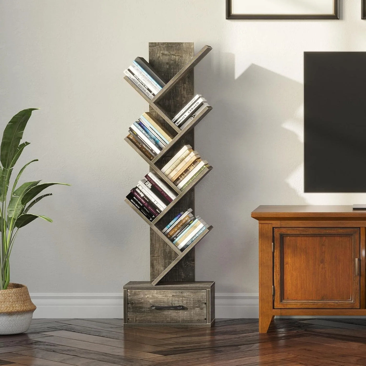 Bookshelf with Wooden Drawer, 7 Shelf Tree Bookshelf, Modern Book Storage,Free Standing Tree Bookcase, Utility Organizer Shelves