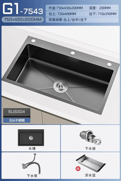 Stainless steel black sink, large single sink, hand-thickened kitchen under-counter basin, vegetable basin, dishwasher