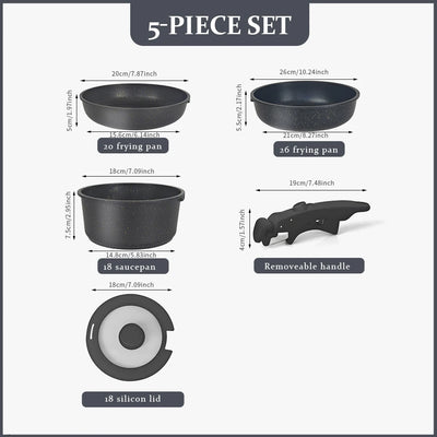 DONNOR Induction Cookware Set 5 Pieces Pots and Pans Set Non Stick Granite Stackable RV Cookware Cooking Set For All Hobs JT272