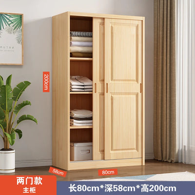 All solid wood pine sliding door wardrobe modern log children's clothes cupboard simple wardrobe home bedroom locker