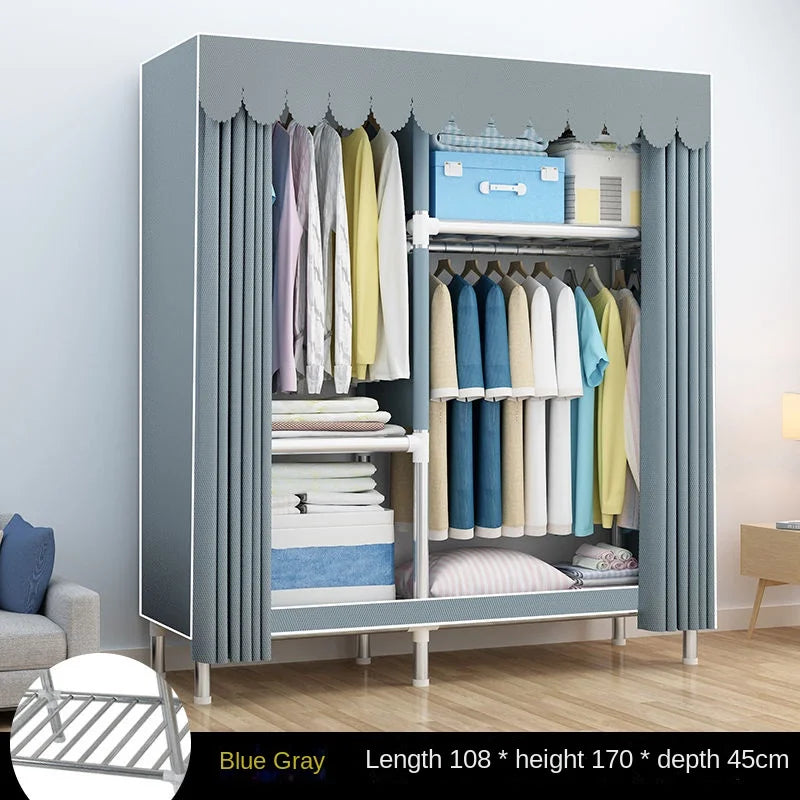 Simple Wardrobe Cloth Closet Furniture For Home Household Bedroom Assembly Cabinet Steel Pipe Reinforced Storage Rack Wardrobe