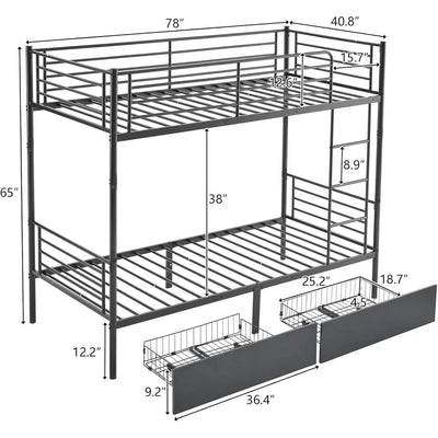 Bunk Bed Twin Over Twin with 2 Storage Drawers, Bunk Bed with Built-in Ladder and Safety Guardrail, Space-Saving Twin Bunk Beds