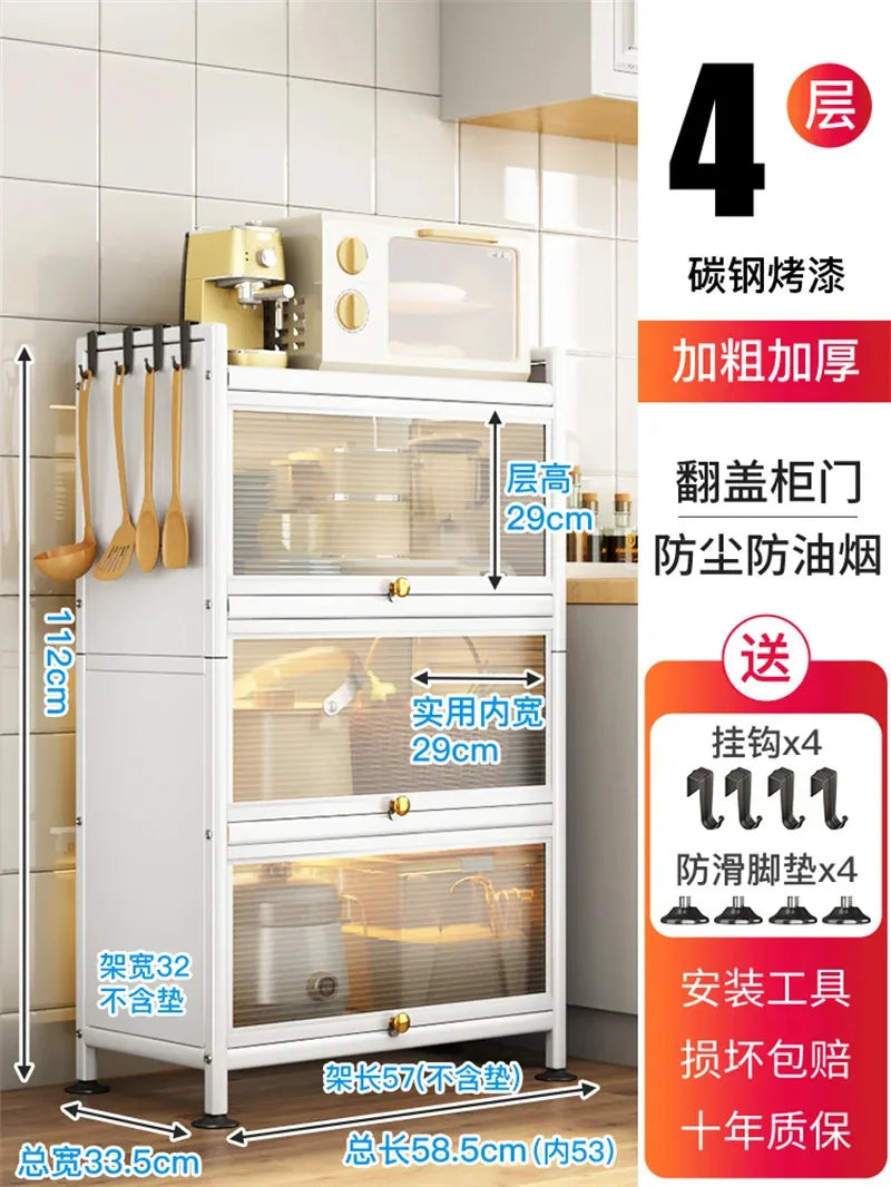 Modern Carbon Steel Kitchen Cabinets Home Storage Cabinet Multi-functional Multi-layer Microwave Oven Floor Rack with Flip Door